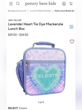 Pottery Barn Kids Lavender Heart Tie Dye Mackenzie Lunch Box